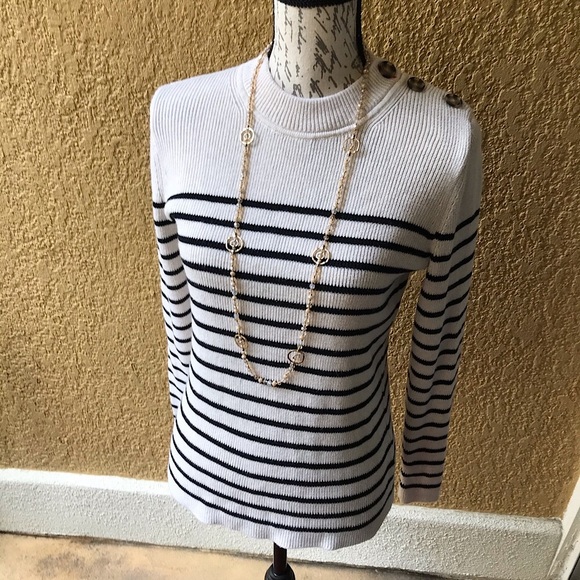 GAP Black & Cream Striped Long Sleeve Sweater Top & New Necklace, M - Picture 3 of 12